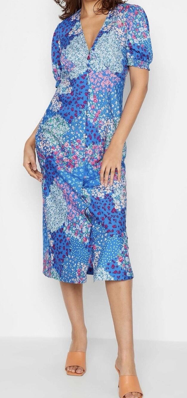 Long Tall Sally LTS Blue Floral Puff Sleeve Vneck Button-up Midi Tea Dress Sz 16